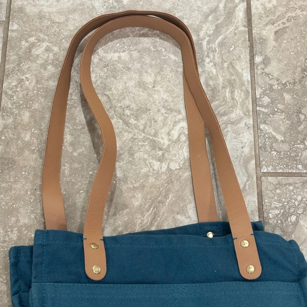 FEED Market Tote Bag Teal Blue Canvas Tan Straps Provides 3 Meals Grocery Bag